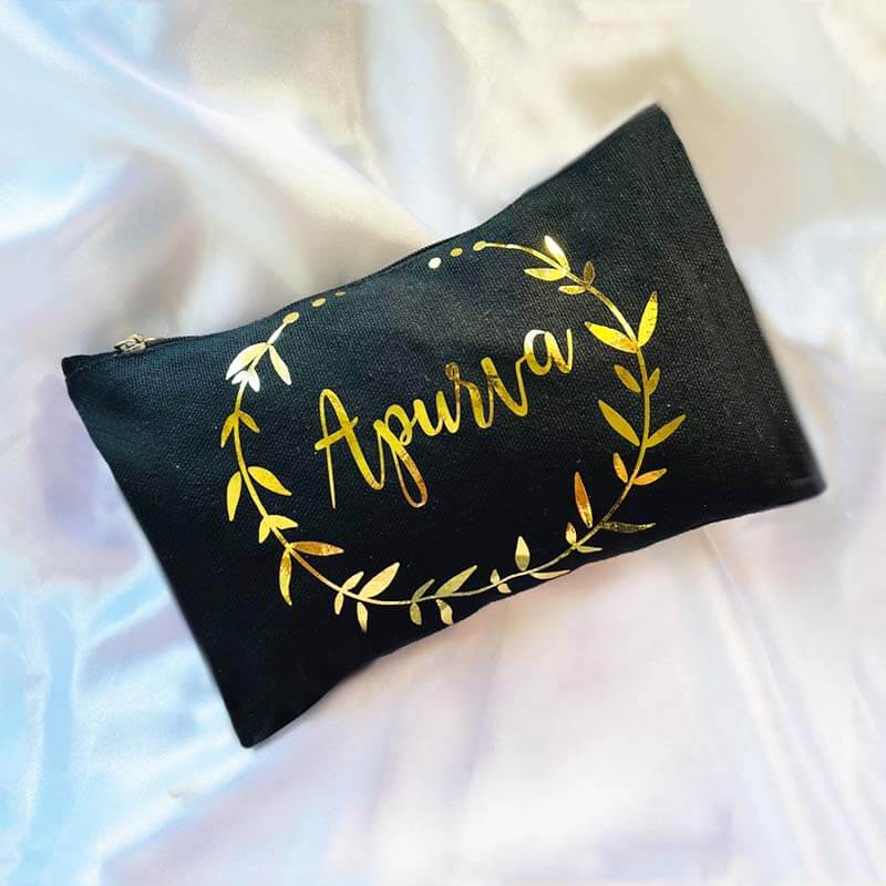 Customized Black Canvas Pouch With Name & Leaf Wreath Frame - Gold Print