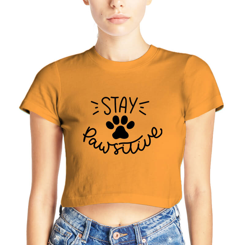Stay Pawsitive Animal Dog Cat Pet Lover Printed Quote Mustard Yellow | Half Sleeves | Round Neck | Cotton | Women's Crop Top-thesqueakystore.myshopify.com
