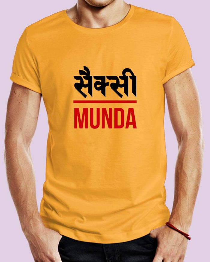 Sexy Munda Savage Hindi Funny Printed Quote Golden Mustard Yellow | Half Sleeves | Round Neck | Cotton | Unisex T-shirt-thesqueakystore.myshopify.com